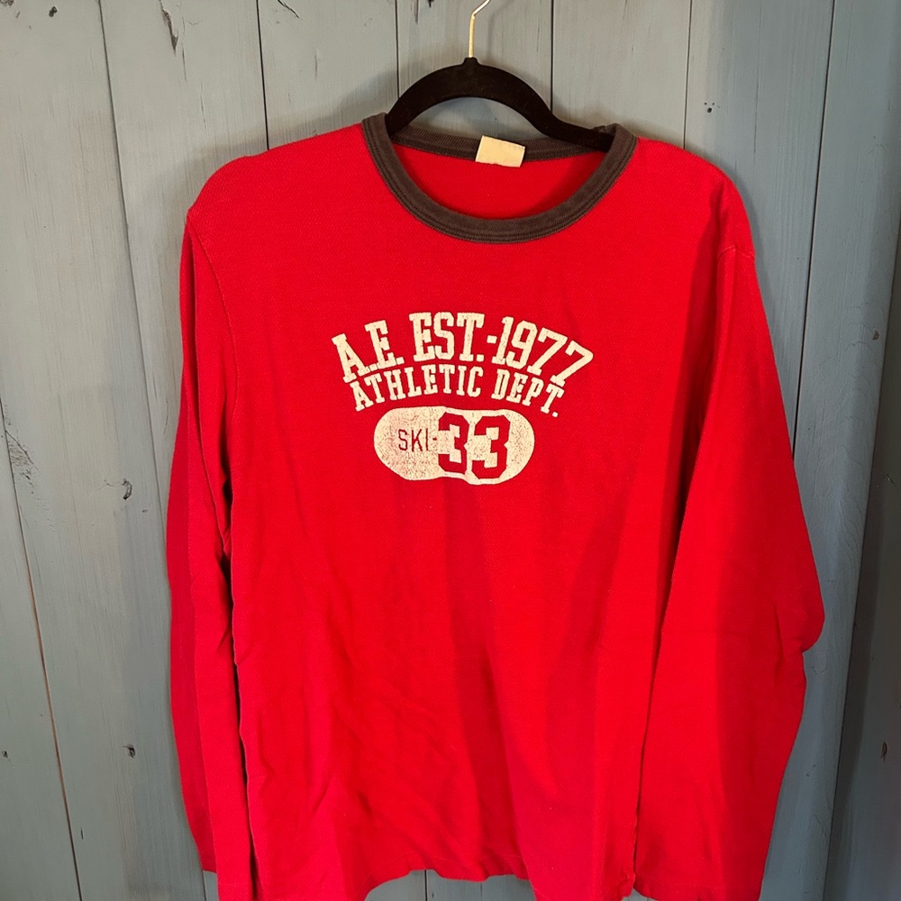 Vintage American Eagle Athletics Red and White Graphic L/S Tee | Men’s Sz Large